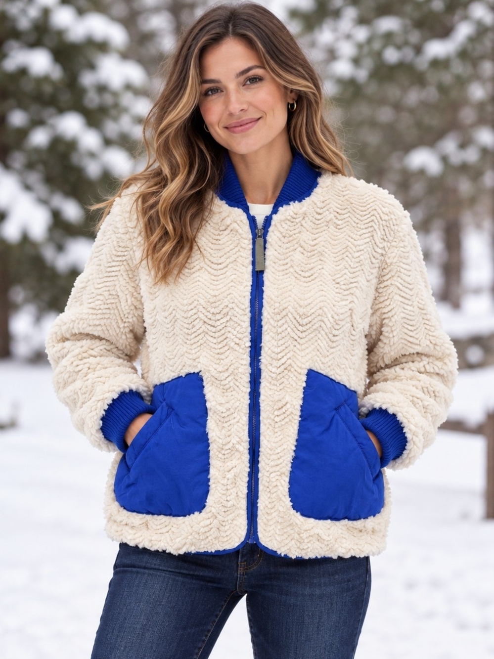 Pilcro Women’s M Sherpa Fleece Jacket Cream Blue Full Zip Teddy Coat